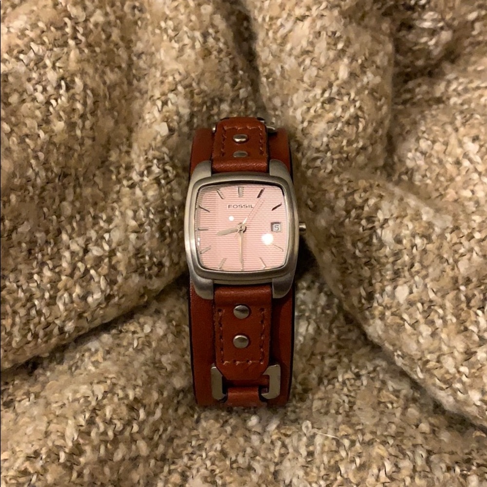 Fossil brown leather cuff silver square face watch